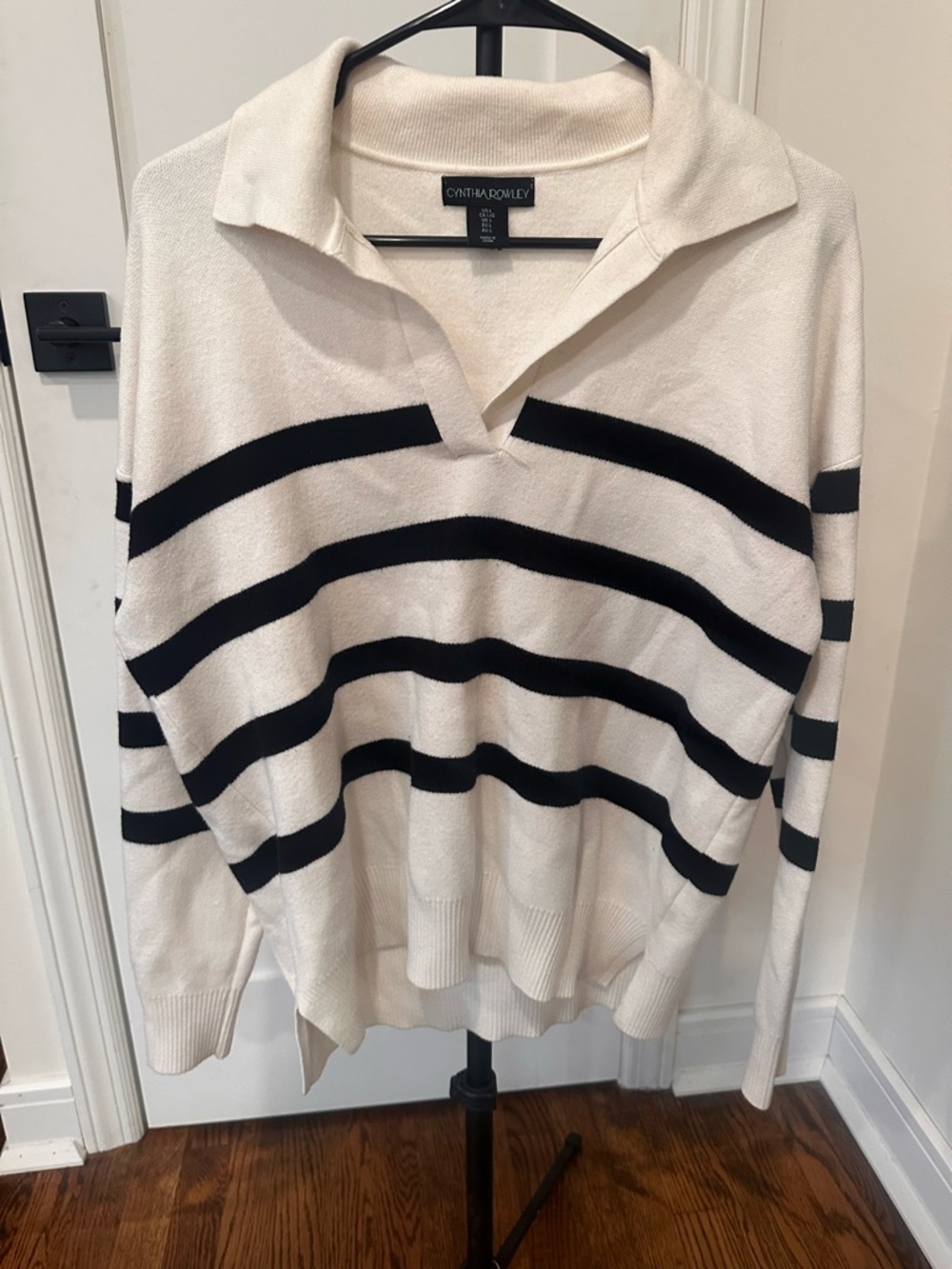 Cynthia Rowley Cream Sweater with Black Stripes and Open Collar